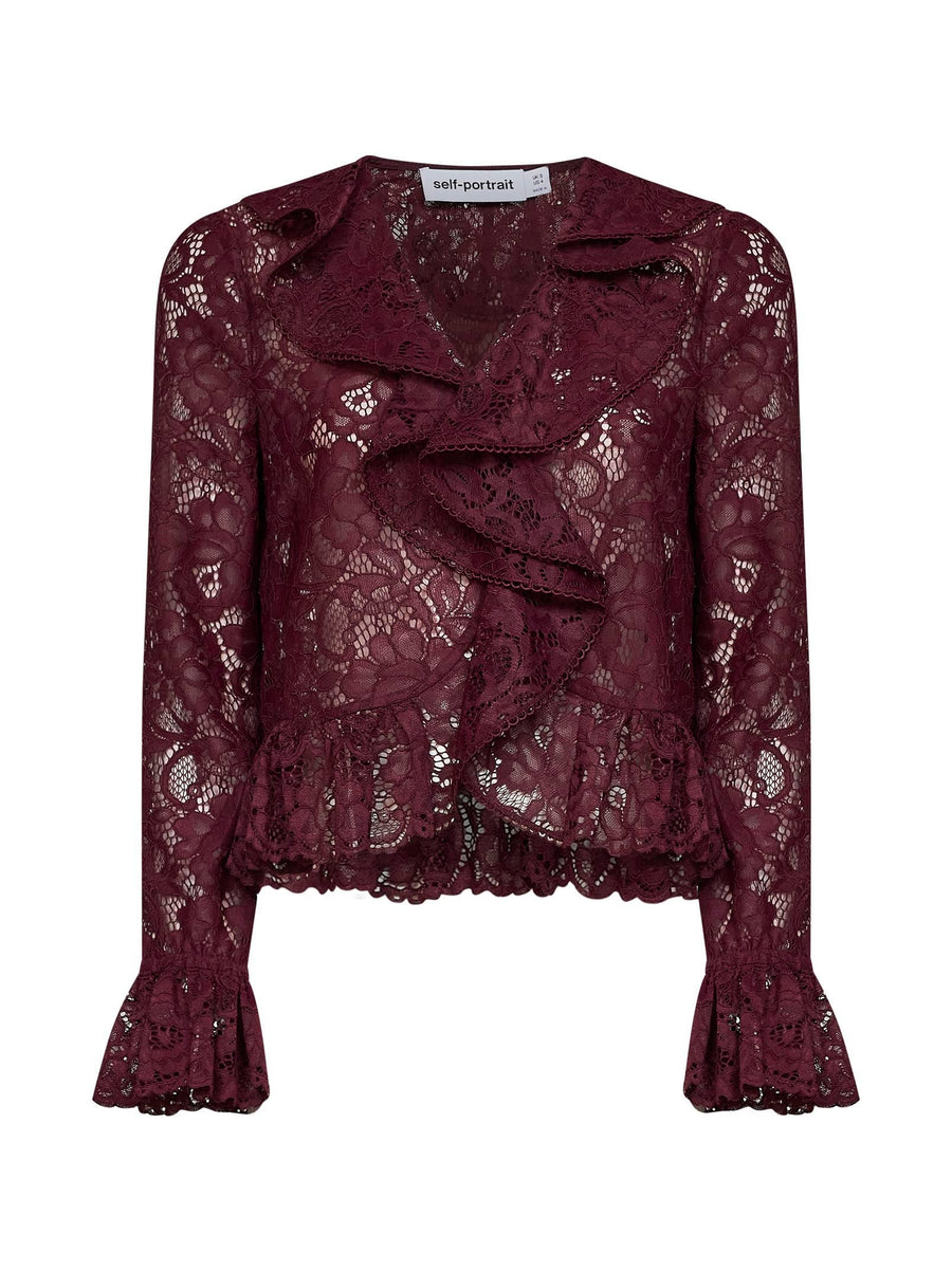 Top Ruffled Lace Burgundy Polyester Cardigans