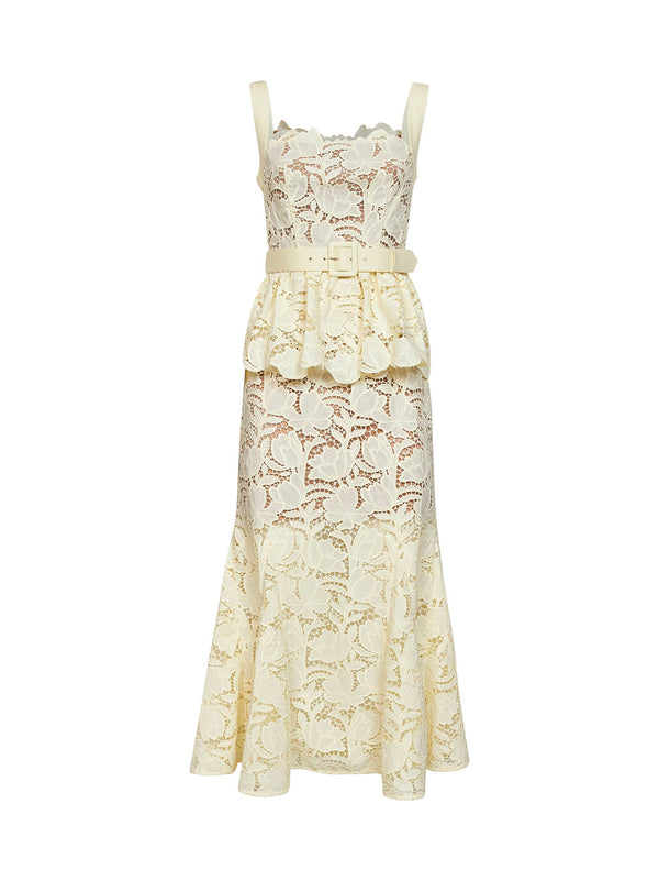 Midi Dress Yellow Macramé Lace Polyester