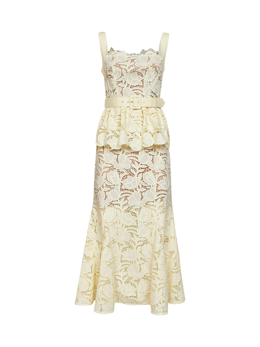 Midi Dress Yellow Macramé Lace Polyester