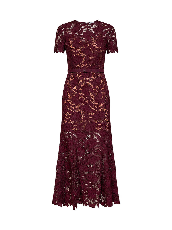 Midi Dress Macramé Lace Burgundy Polyester