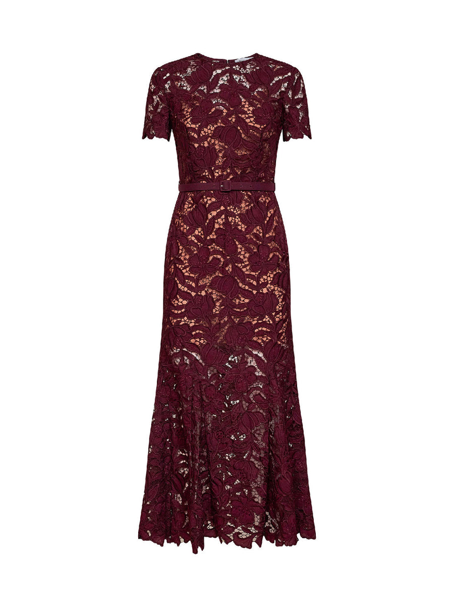 Midi Dress Macramé Lace Burgundy Polyester