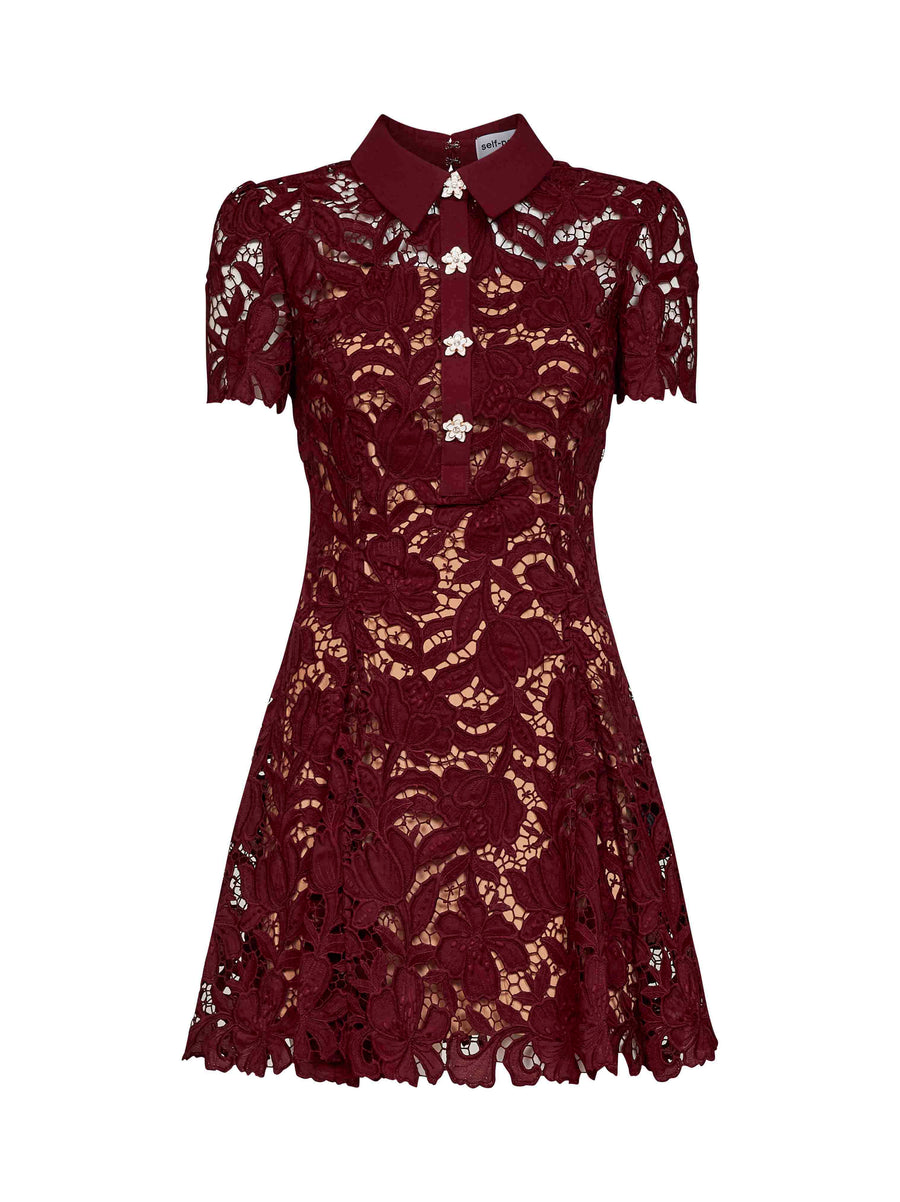 Mini Dress Macramé Lace Burgundy Polyester