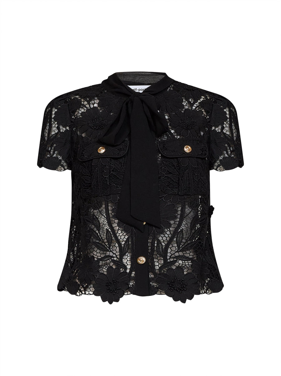 Top Macramé Lace Tie Neck Black Polyester Cardigans
