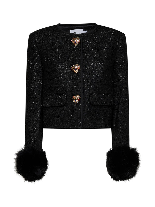 Metallic Bouclé Jacket With Faux-Fur Cuffs Black Polyester