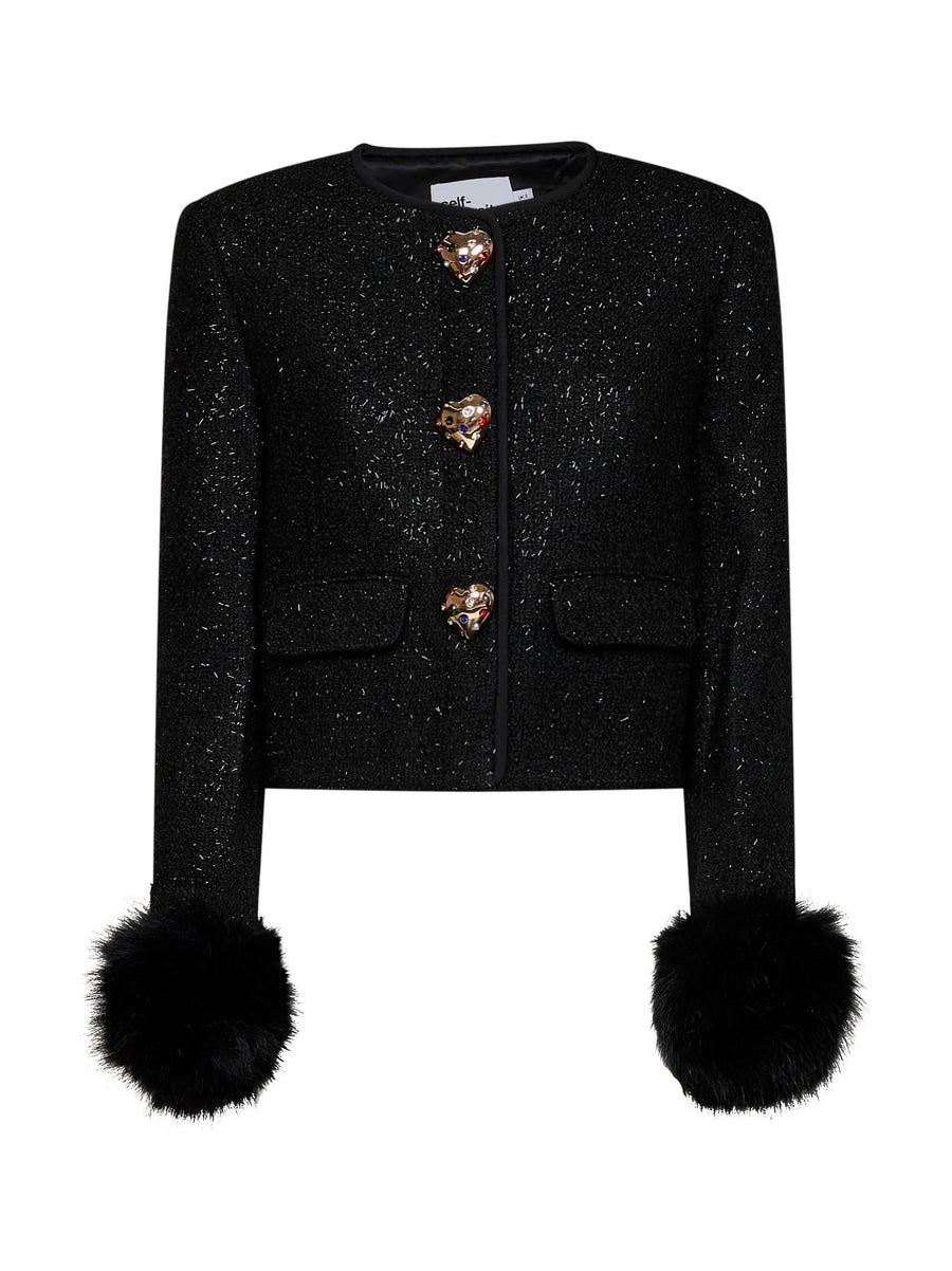 Metallic Bouclé Jacket With Faux-Fur Cuffs Black Polyester
