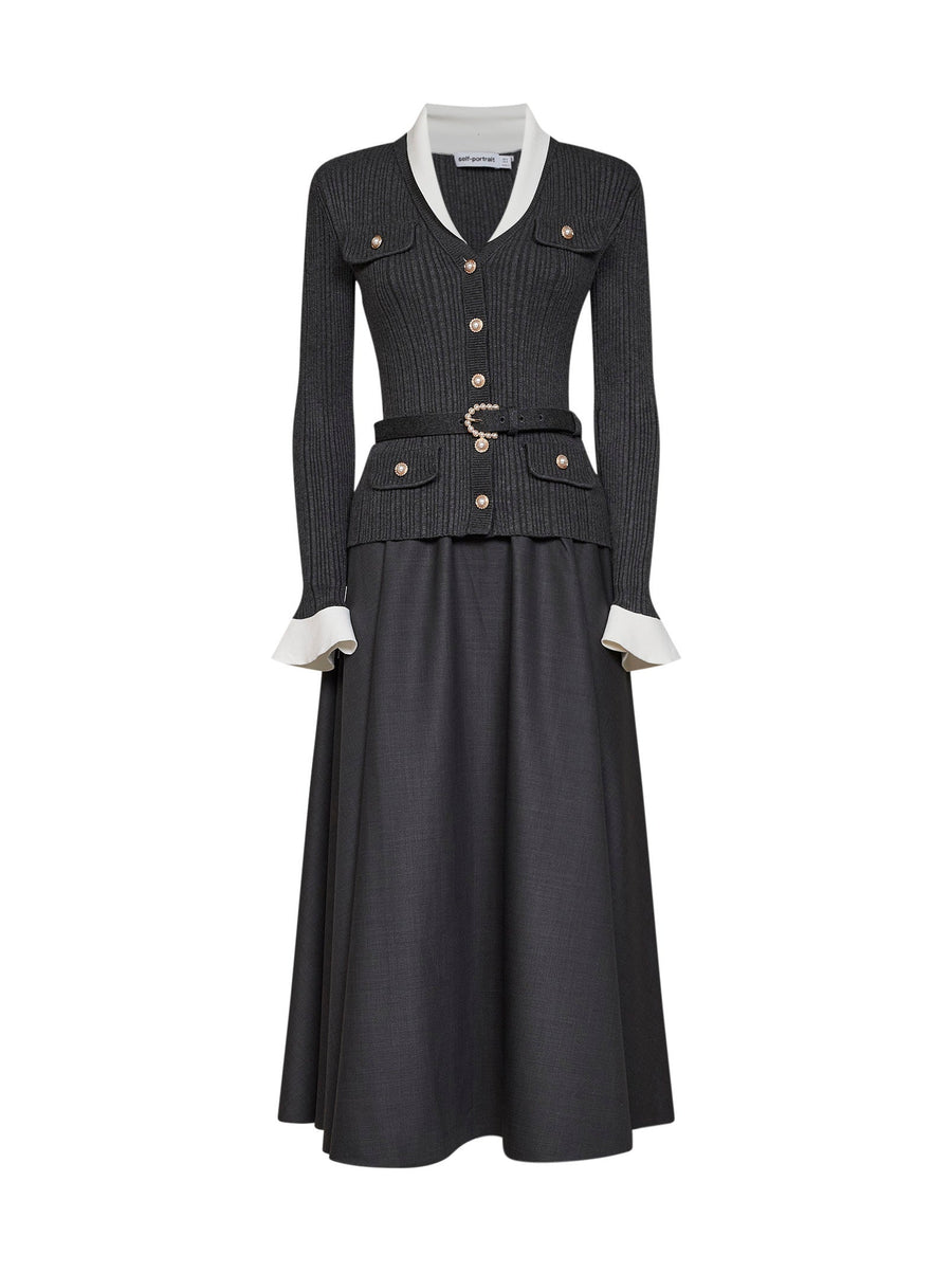 Belted Midi Dress Grey Knit And Twill Cardigan: Polyamide