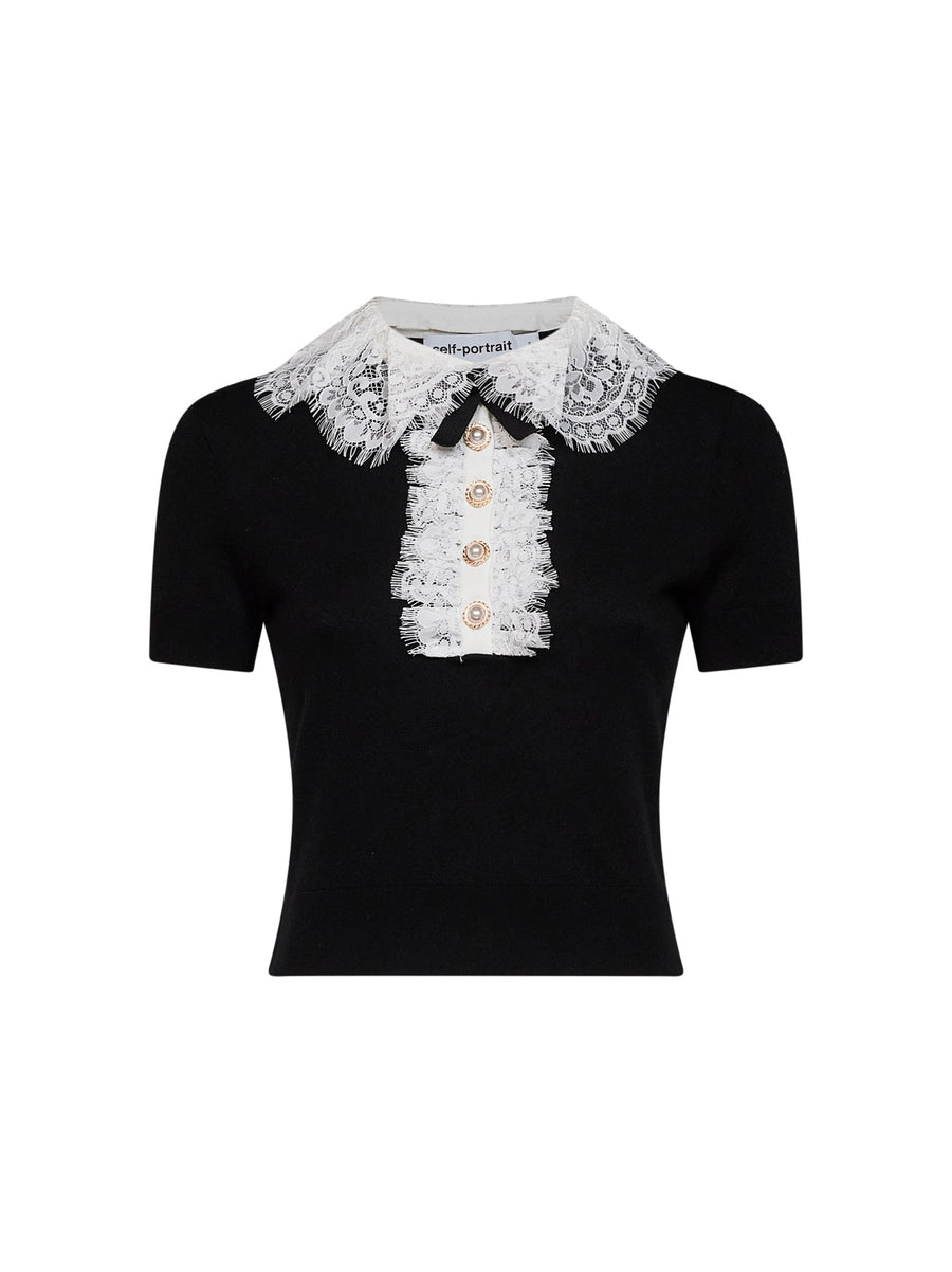 Knit Top With Lace Collar Black Wool