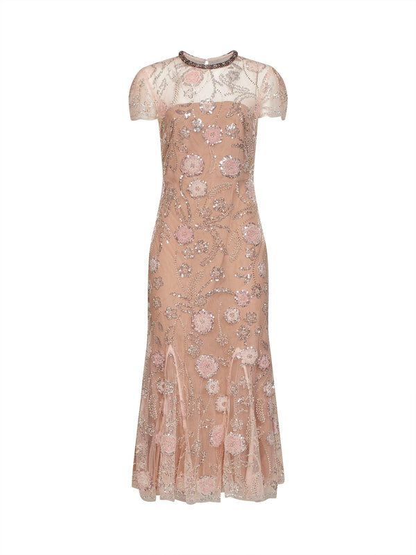 Dress Pink Tulle Midi With Sequin Flowers Polyester