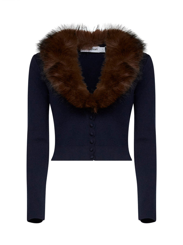 Cardigan With Faux-Fur Collar Navy Blue Wool-Blend Cardigans