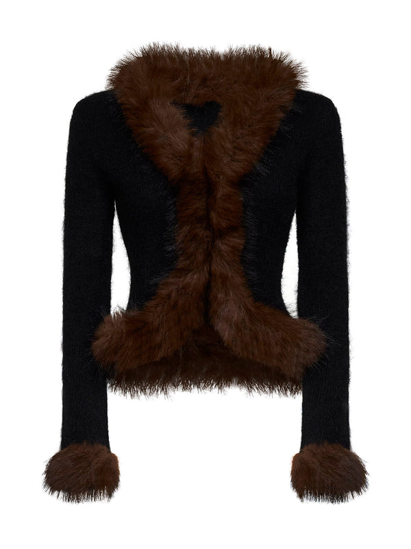 Knit Cardigan With Faux-Fur Trim Black Cotton Cardigans