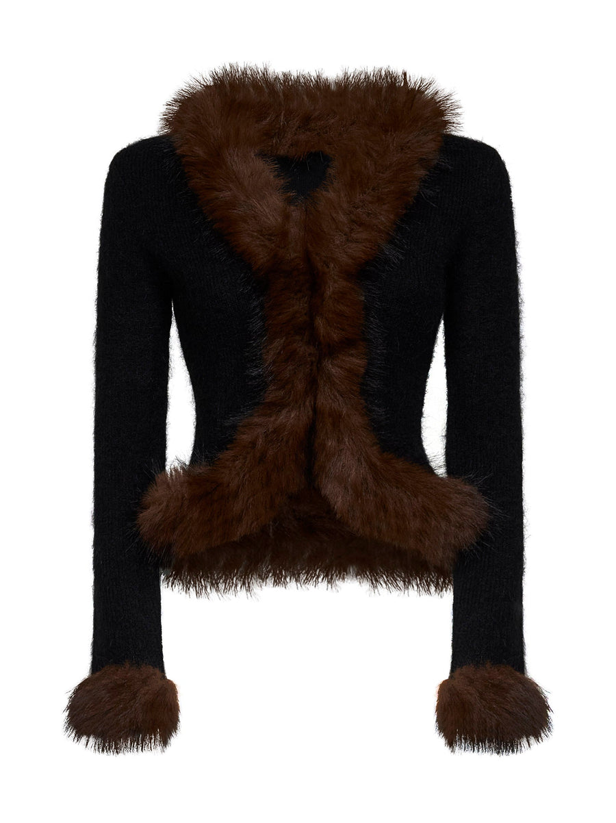 Knit Cardigan With Faux-Fur Trim Black Cotton Cardigans