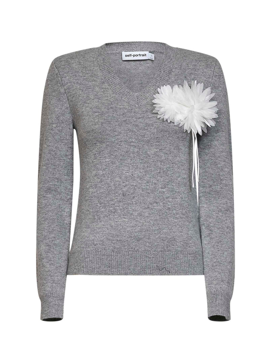 V-Neck Flower Sweater Grey Wool Blend