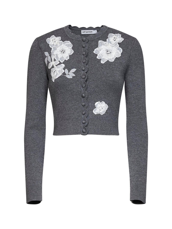 Knit Cardigan With Floral Lace Embroidery Grey Wool Cardigans