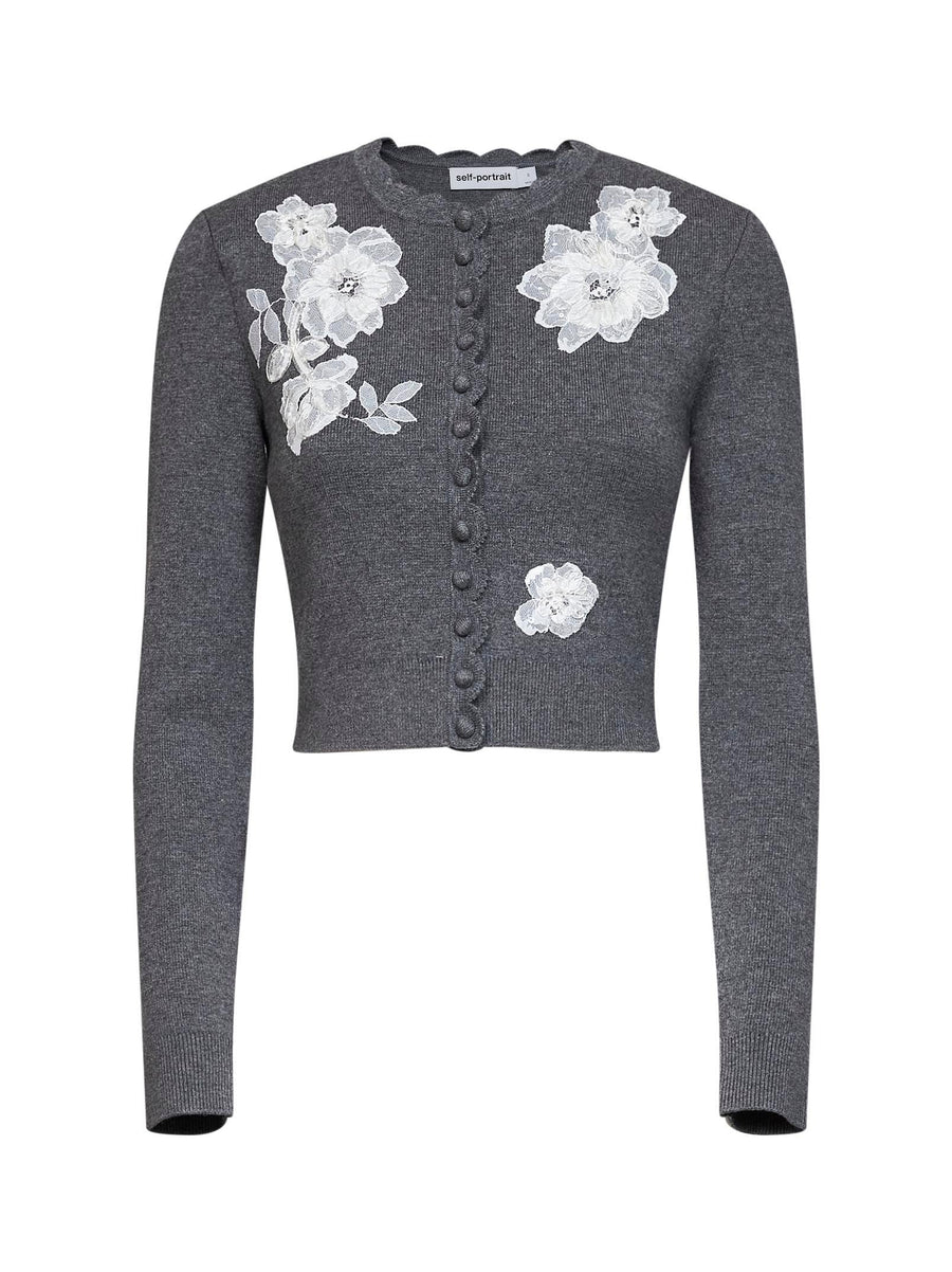 Knit Cardigan With Floral Lace Embroidery Grey Wool Cardigans
