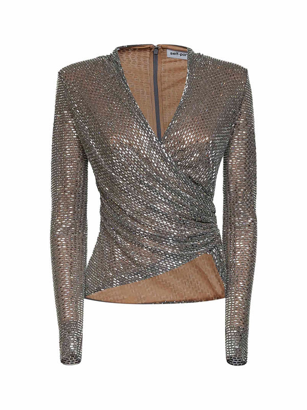 Mesh Wrap Top With Grey Rhinestones Polyester Tops