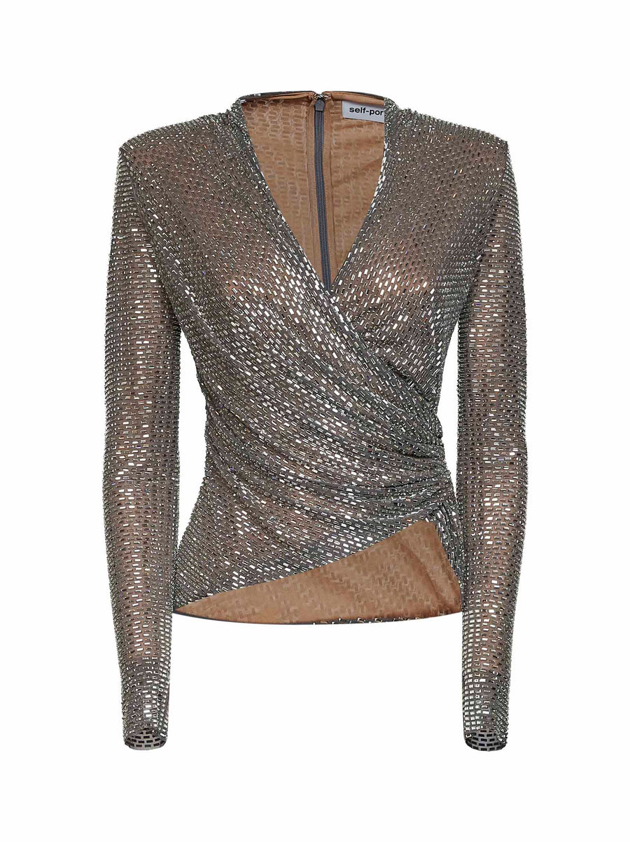 Mesh Wrap Top With Grey Rhinestones Polyester Tops