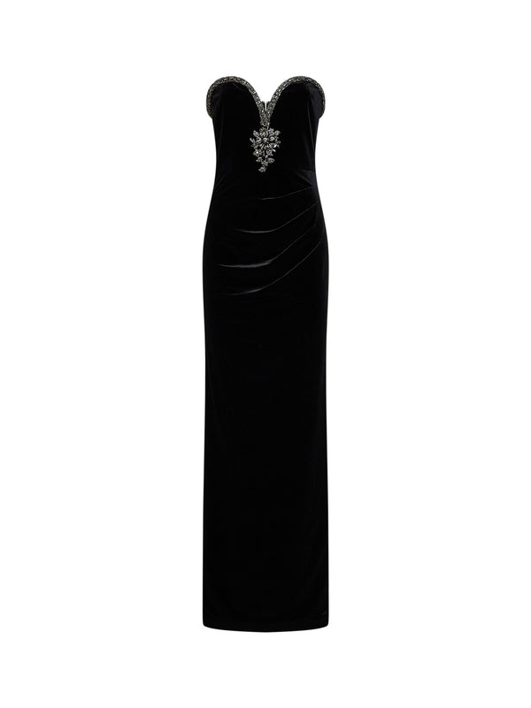 Long Bustier Dress Black Velvet And Crystals Polyester