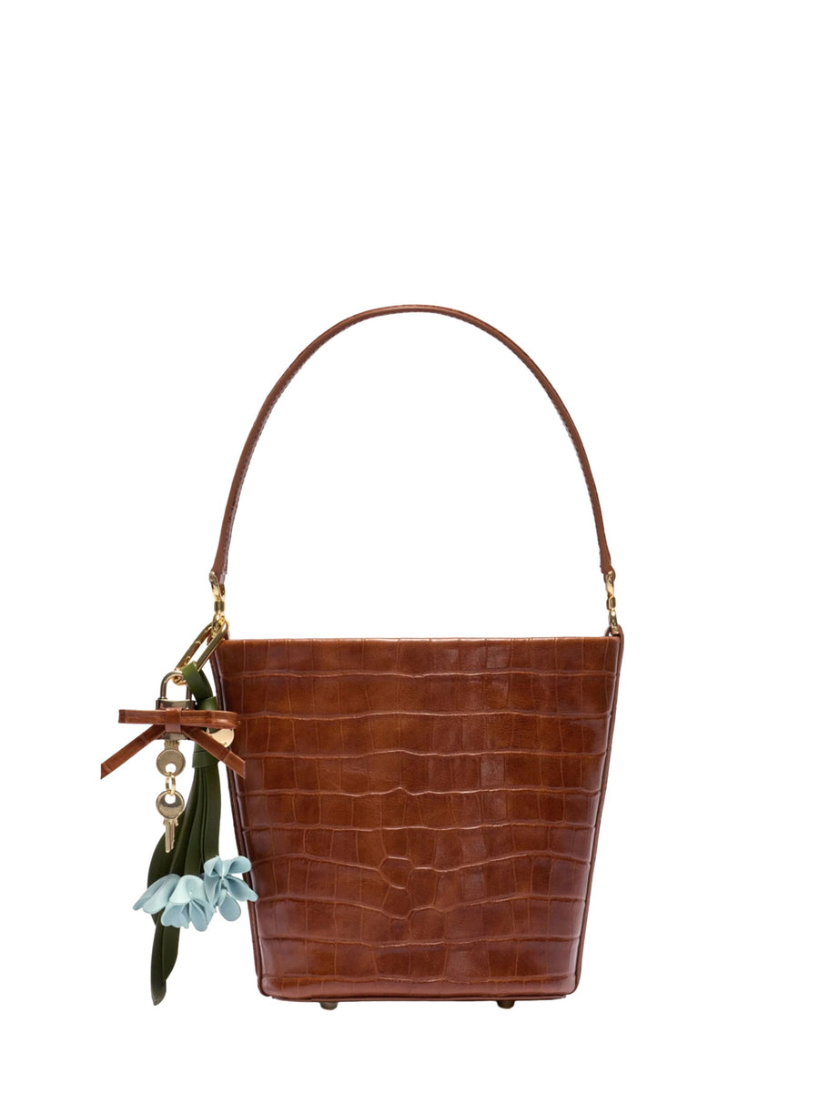Bucket Bag Brown Crocodile-Embossed Leather Calf Handbags