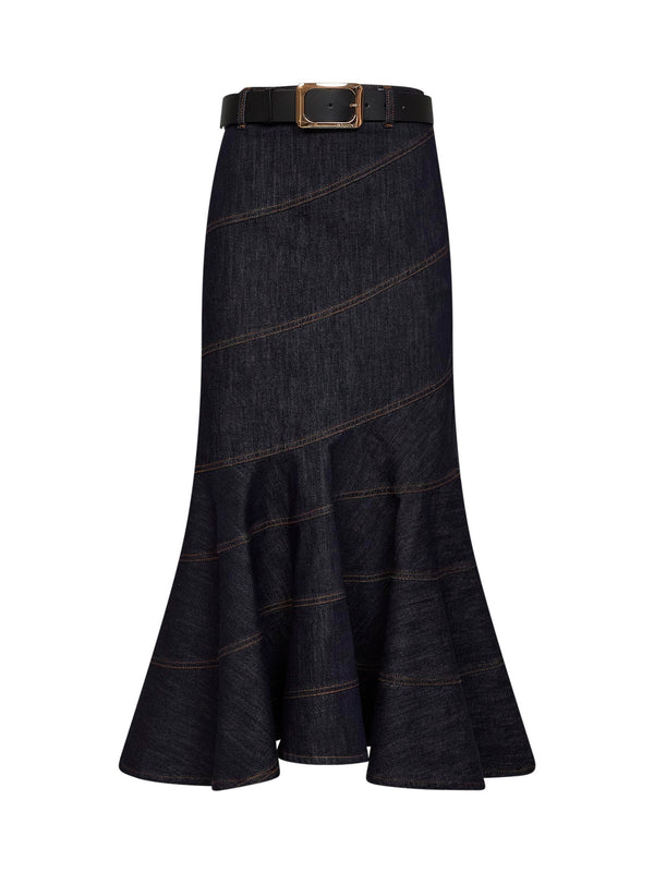 Midi Denim Belted Skirt, Indigo Blue Cotton