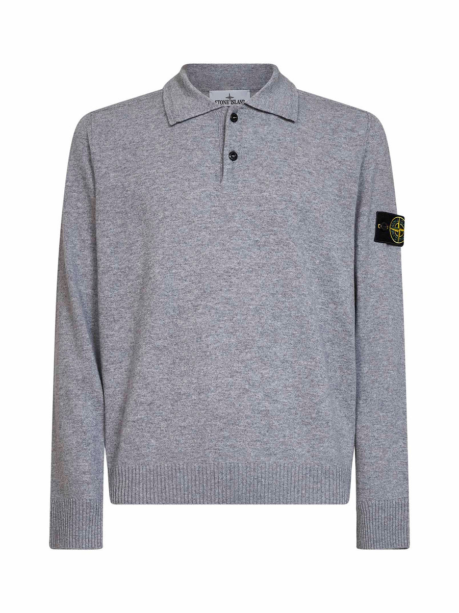 Long-Sleeved Polo Shirt Melange Grey Wool Virgin