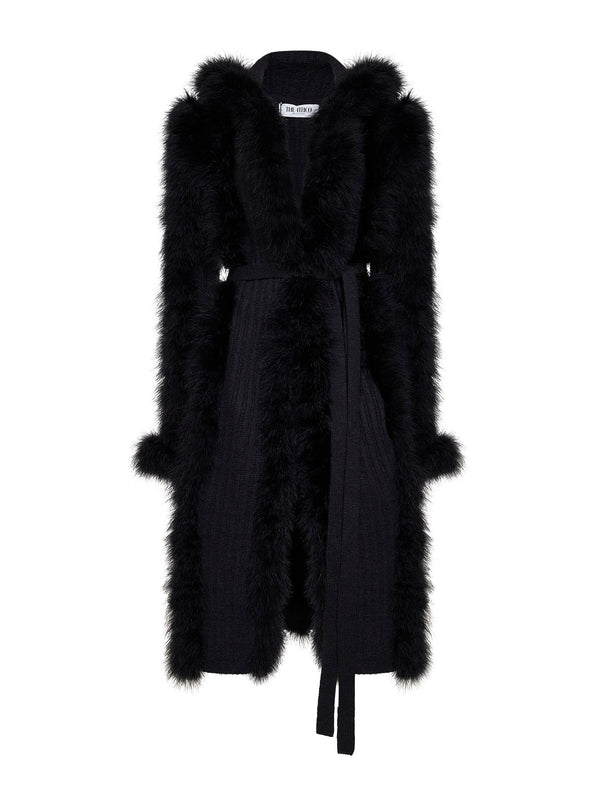 Belted Knit Cardigan With Feather Trim — Black Alpaca Cardigans