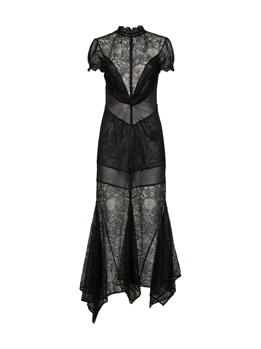 Maxi Dress Asymmetric Lace Black Polyamide