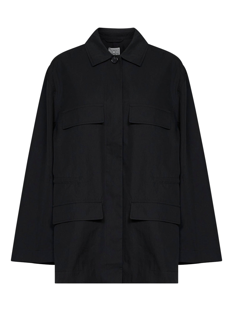 Drawstring Utility Jacket Black Cotton Blend Organic Bomber