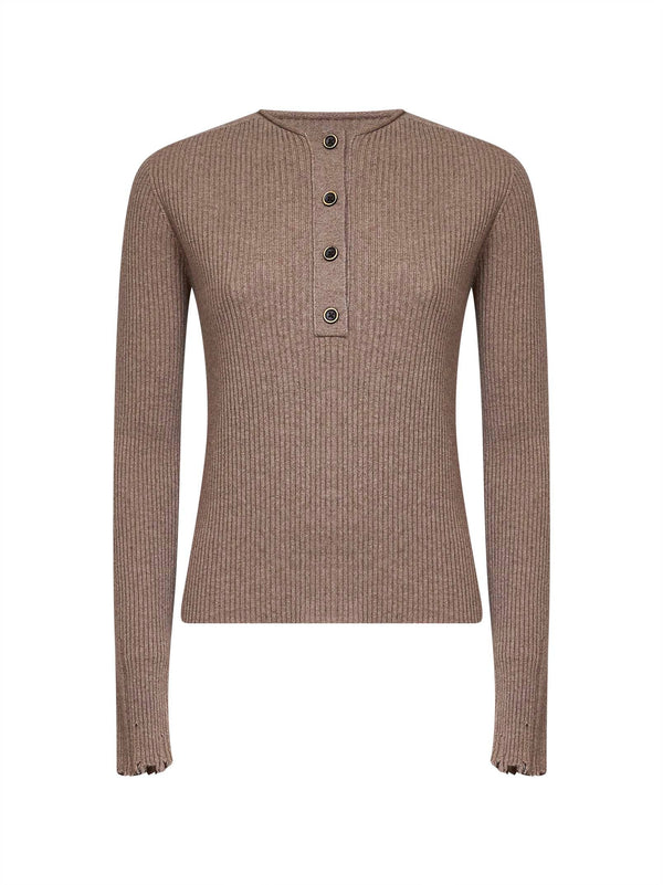 Ribbed Cashmere Henley Top Beige Knitwear