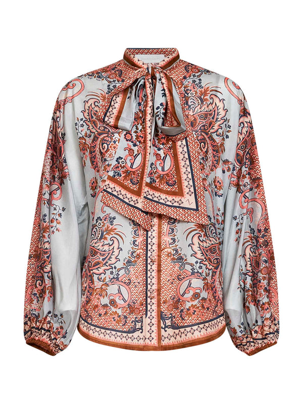 Tie-Neck Silk Shirt Aster Blue Paisley Multicolour