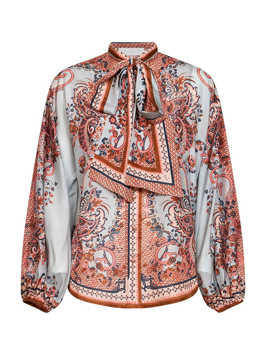 Tie-Neck Silk Shirt Aster Blue Paisley Multicolour