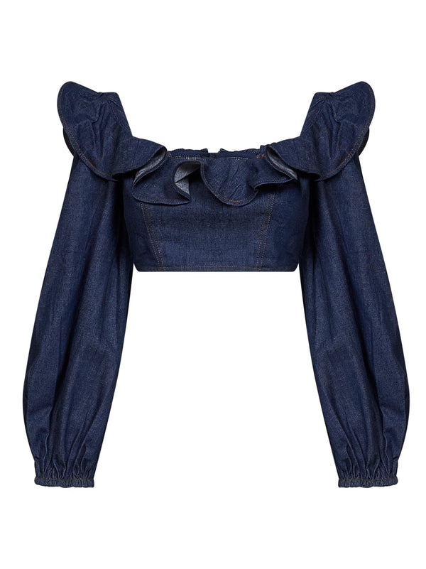 Cropped Frill Top Aster Ink Blue Cotton Tops