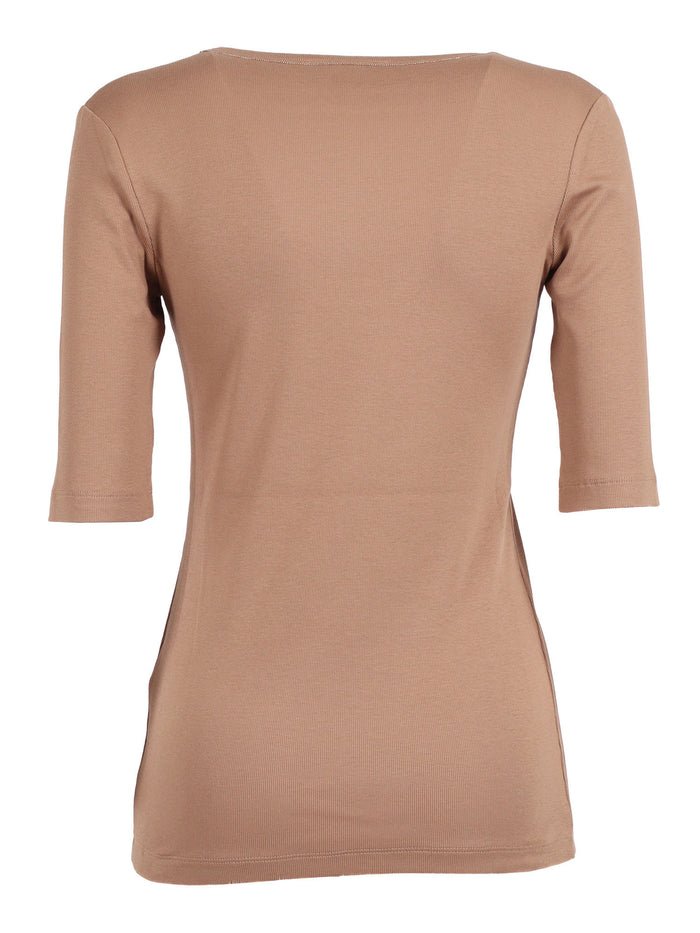 RIBBED COTTON JERSEY U NECK T-SHIRT FILO DIAMANTE DETAIL Beige Elastane