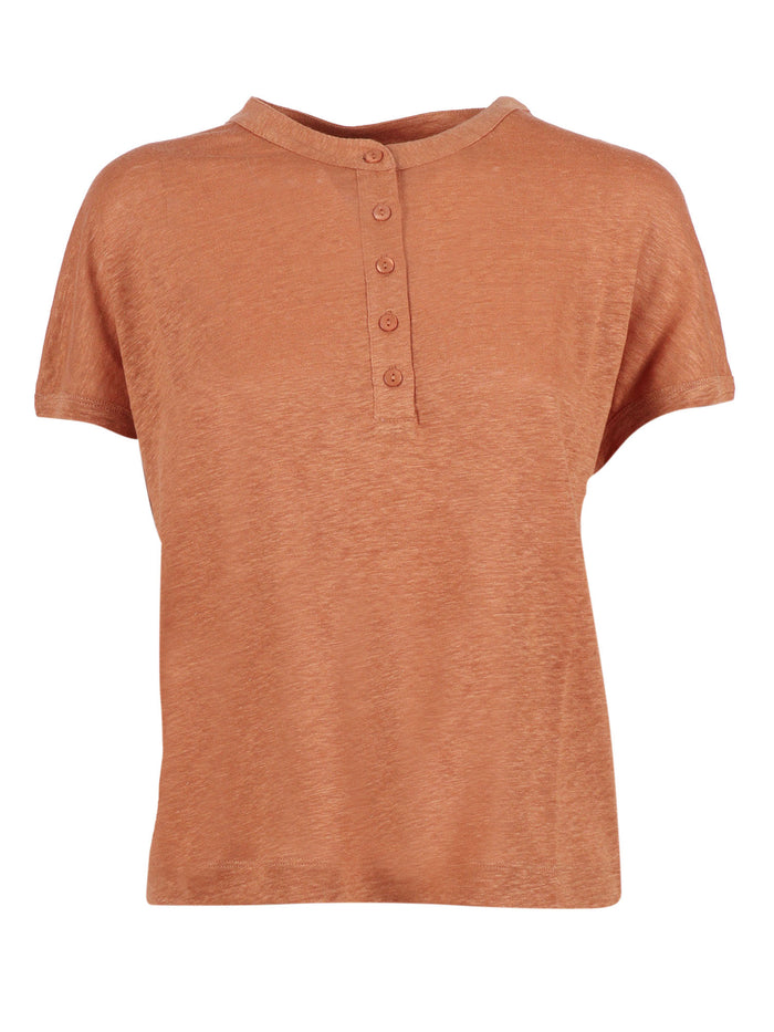 Linen Jersey Henley Shirt With Buttons Brown Lino Crewneck