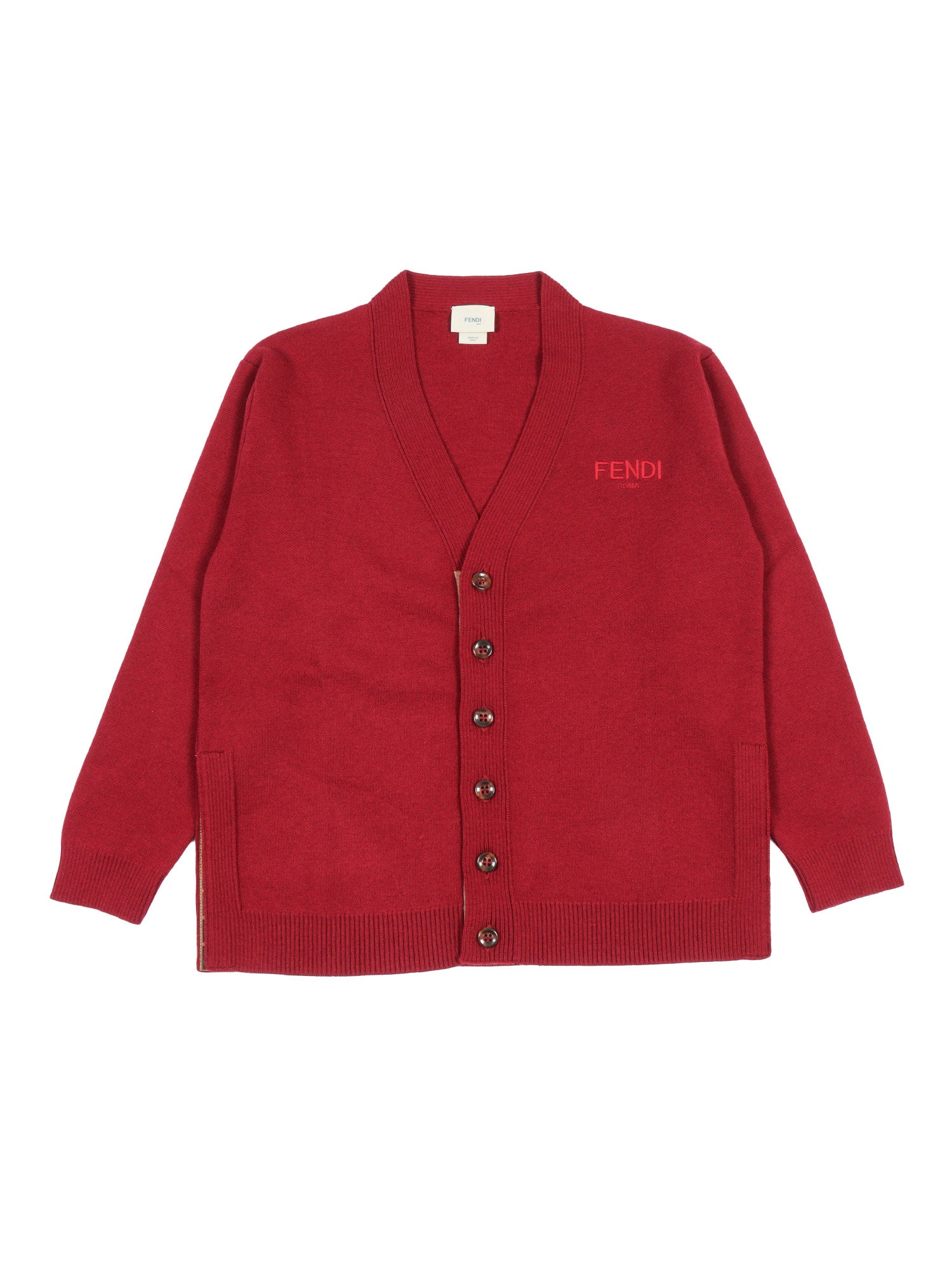 Wool Knitted Cardigan Red Virgin Ribbon Polyester