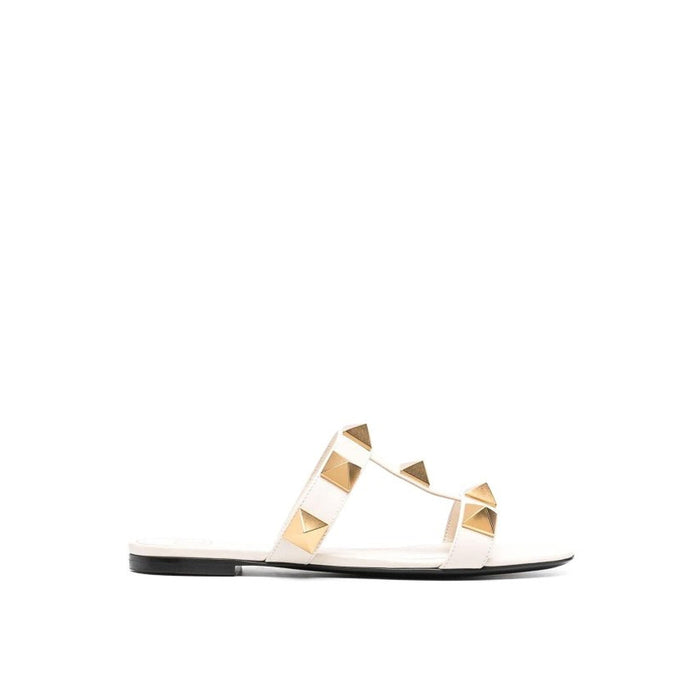 Garavani Roman Stud Leather Flat Sandals White Calf