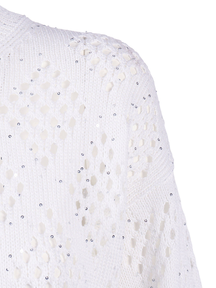 Knitted Sweater White Cotton Polyester Crewneck