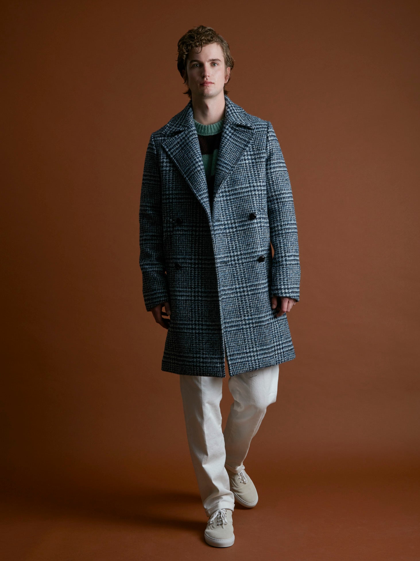 Aalbany Double Breasted Checked Coat Blue & Jackets