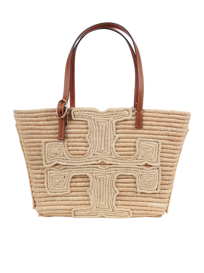 Ella Structured Straw Small Tote Beige Bag