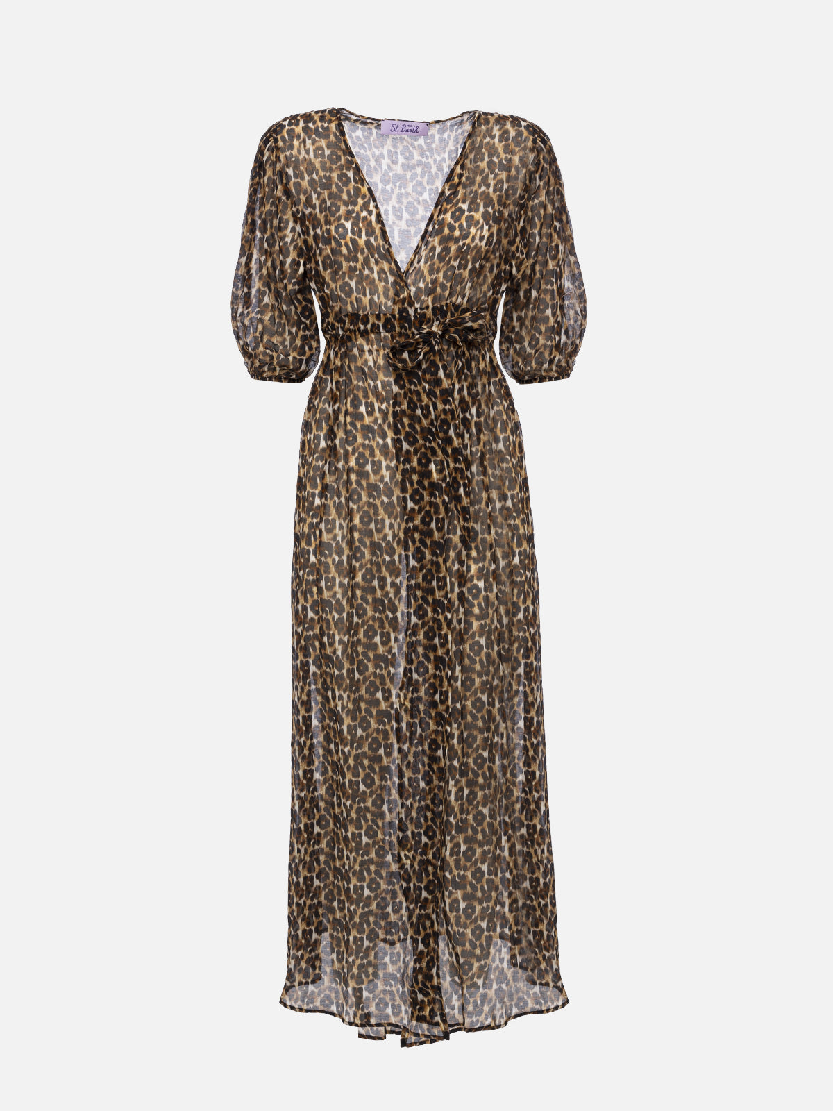 Cotton And Silk Long Dress Bliss With Animalier Print Brown Beach Robe
