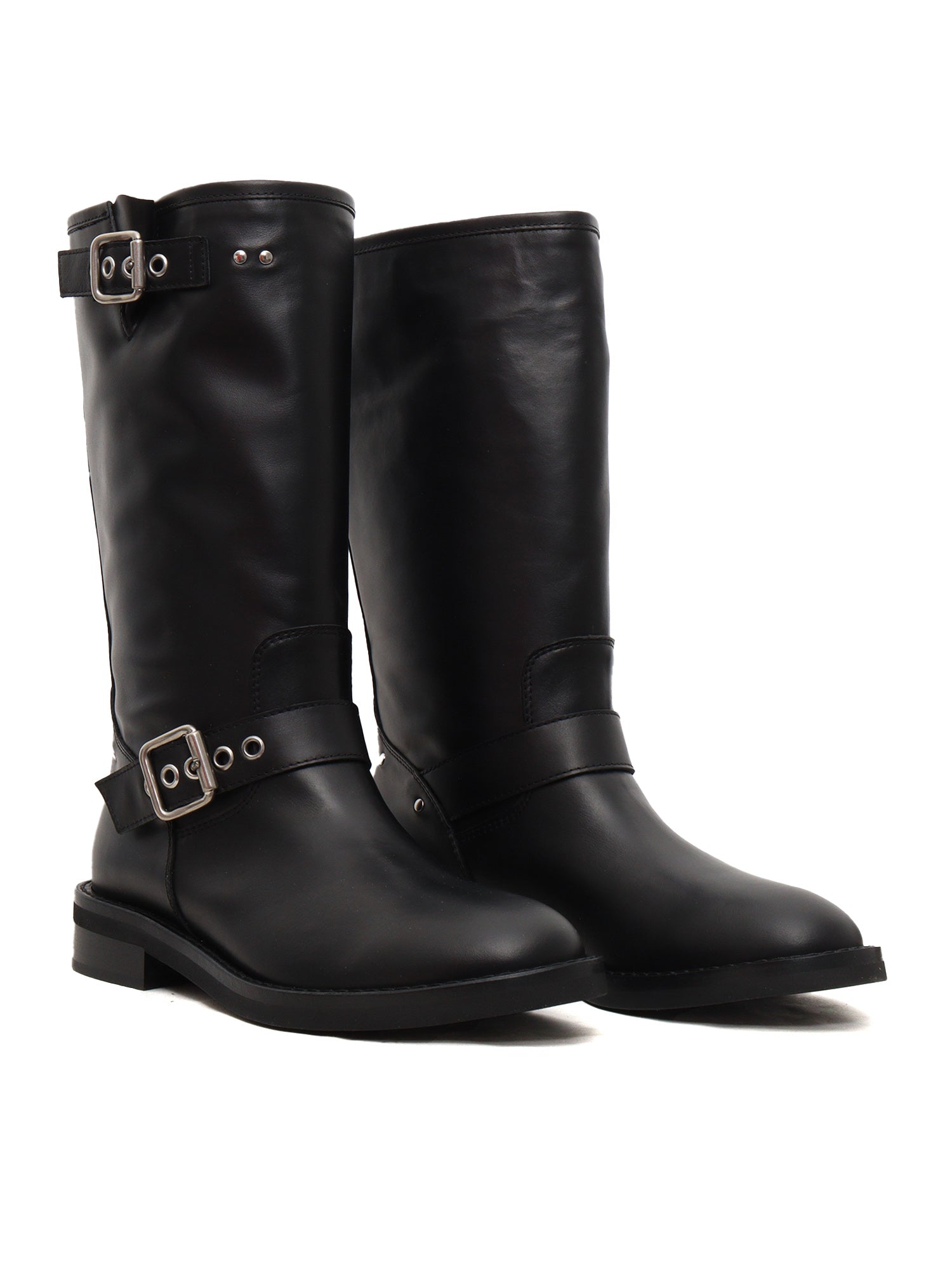Black biker with buckles Leather Sole Rubber Boot