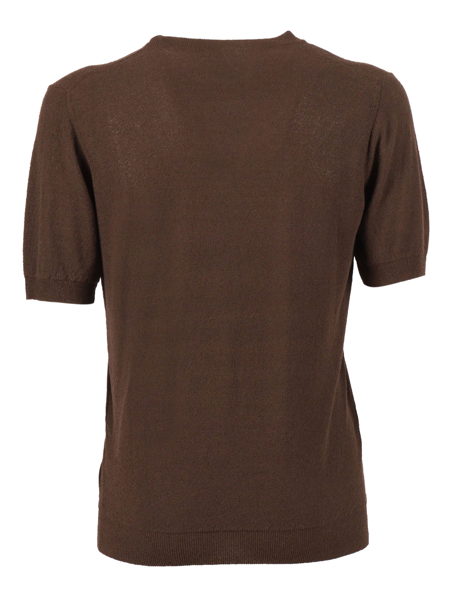 Short-Sleeved Fully-Fashioned Crew Neck Sweater Brown Cotton Polyamide Crewneck