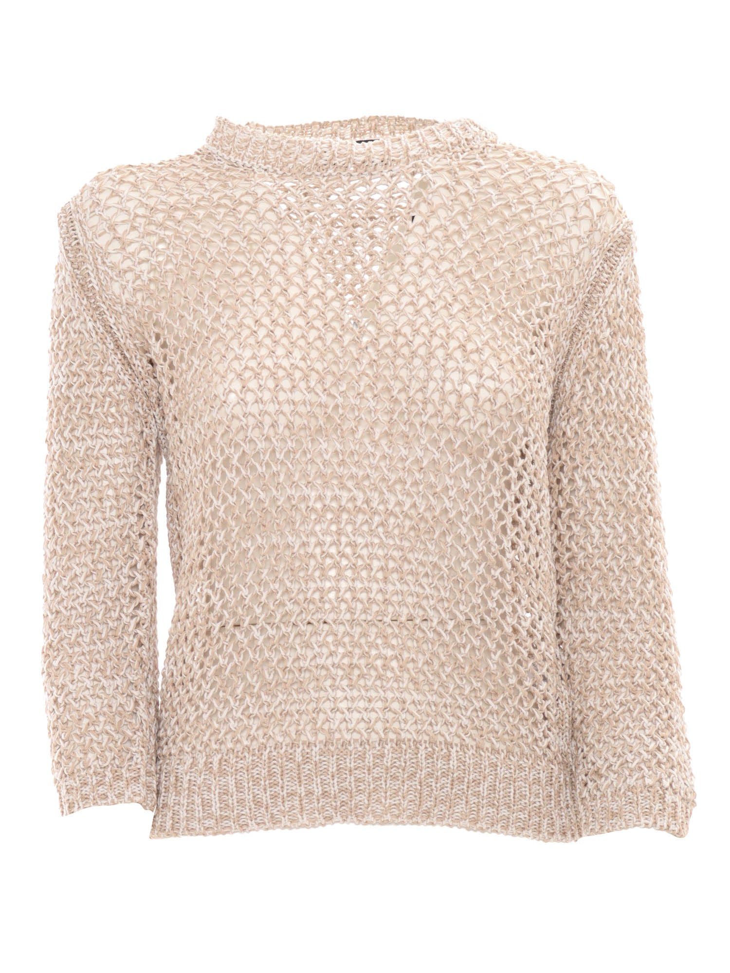 BICOLOR COTTON MESH SHORT SLEEVE SWEATER Beige Crewneck