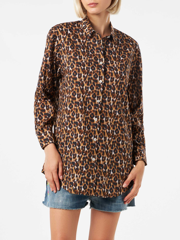 Leopard Print Cotton Shirt With Embroidery Brown
