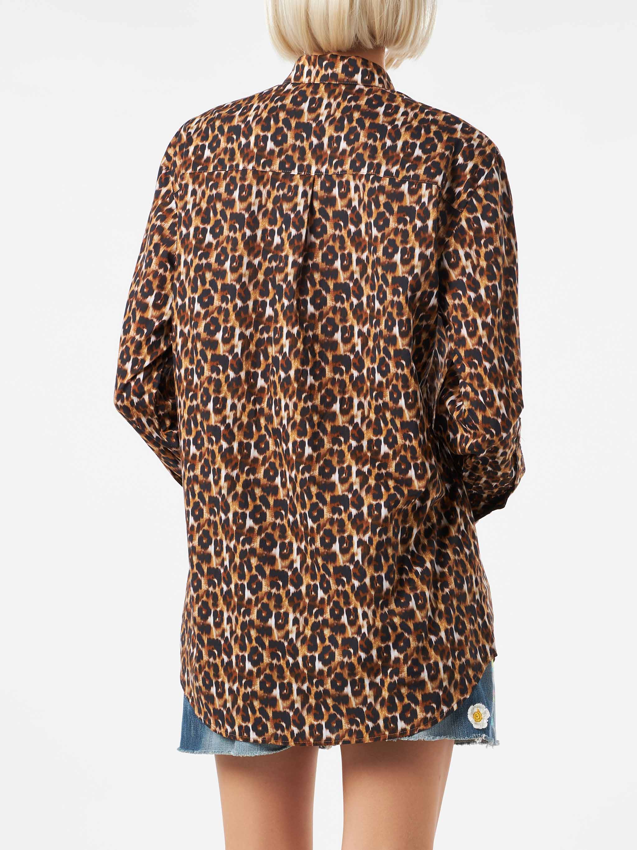 Leopard Print Cotton Shirt With Embroidery Brown