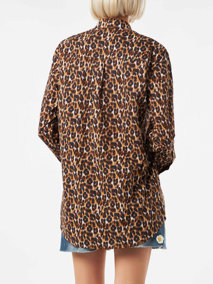 Leopard Print Cotton Shirt With Embroidery Brown