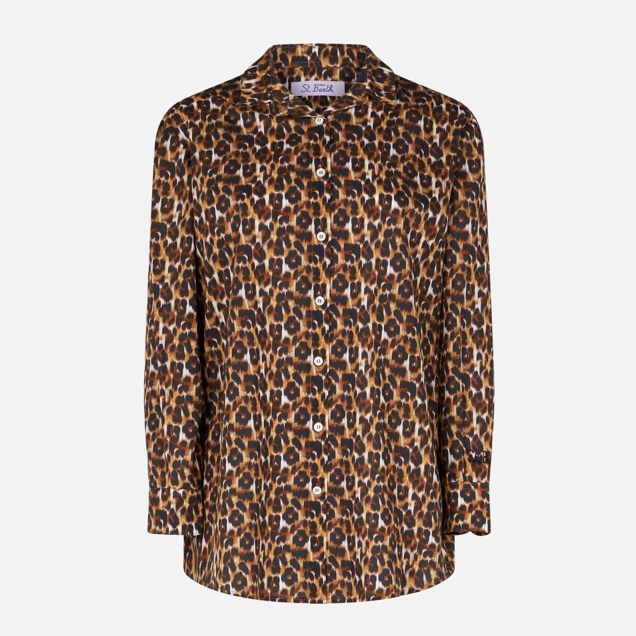 Leopard Print Cotton Shirt With Embroidery Brown