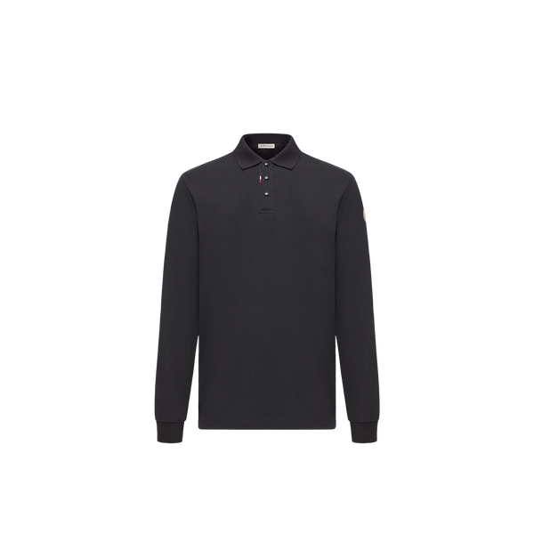 Moncler Piqué Cotton Long-Sleeve Polo — Blue