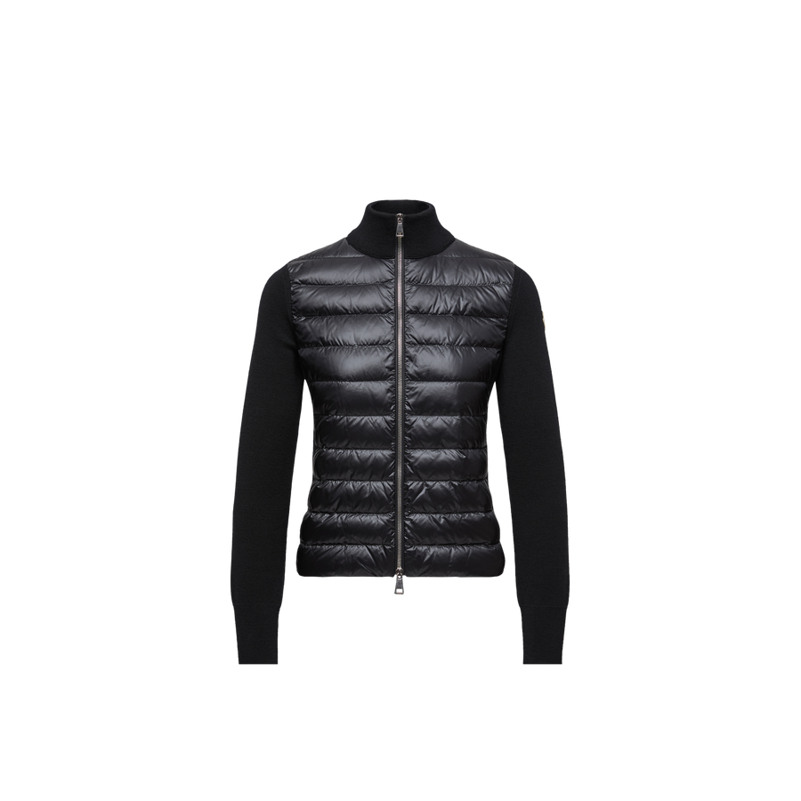 معطف منفوخ مبطن بحواف Moncler حياكة مزين بشعار جاكيت — أسود