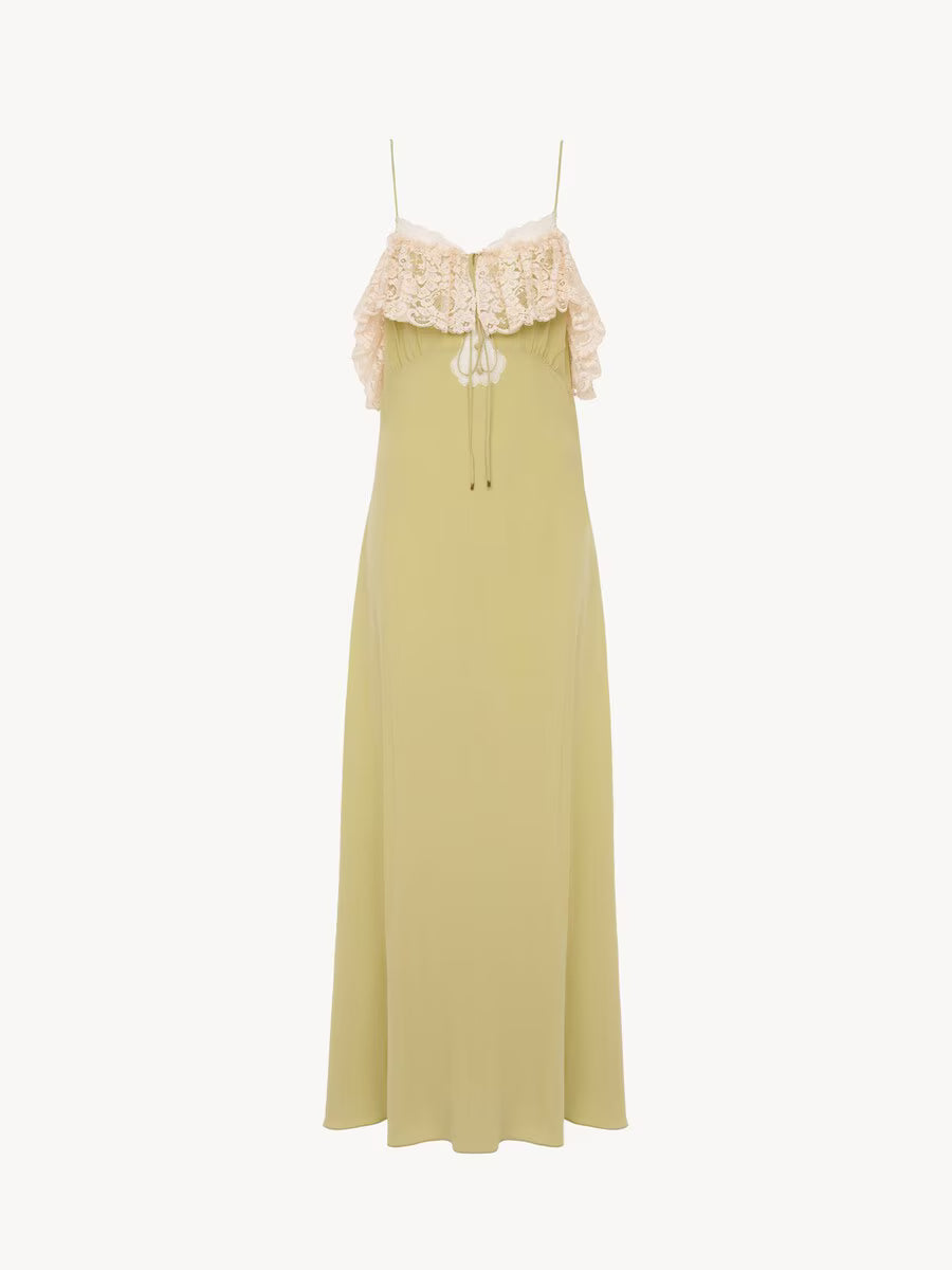 Chloé Lace Off-Shoulder Silk Crêpe Dress — Green
