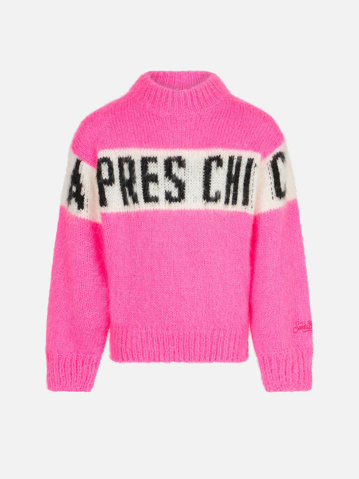 Girl Brushed Crewneck Sweater With Apres Chic Lettering Pink